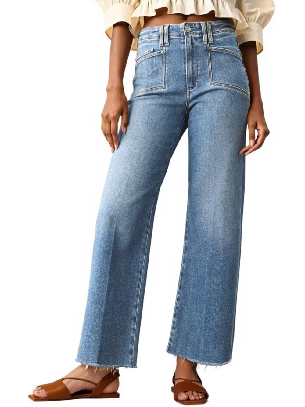 High Waisted Cropped Jeans for Women | Straight Leg Raw Hem Denim Pants